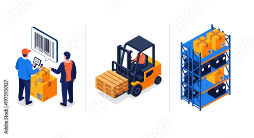 Warehouse logistics worker scan box and forklift with pallet and storage rack for supply chain management