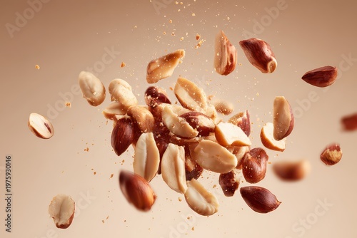 Explosion of Roasted Peanuts and Spices Captured Mid-Air Against a Warm Beige Background with Dramatic Lighting and a Soft Focus Effect