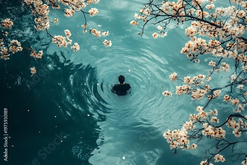 Solitary figure bathing in water,framed by blooming cherry blossom branches
