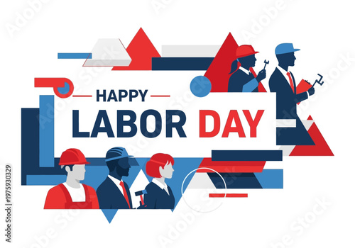 Happy Labor Day Celebration with Diverse Workers and Geometric Shapes.