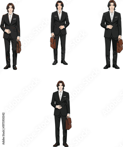 Professional young businessman character set in black suit holding brown leather briefcase standing in different poses isolated vector