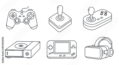 Retro video game icon set, 6 outline gaming vector elements, vintage console and joystick line art, virtual reality headset and gamepad icons
