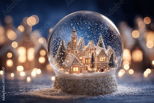 Enchanting Winter Village Snow Globe With Twinkling Lights And Soft Bokeh Background Evokes Cozy Holiday Atmosphere