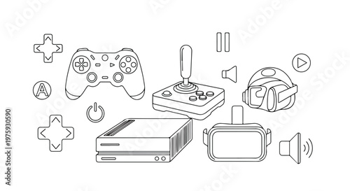 Gaming icons set in thin line style, video game controllers and console vector elements, virtual reality headset and joystick illustrations