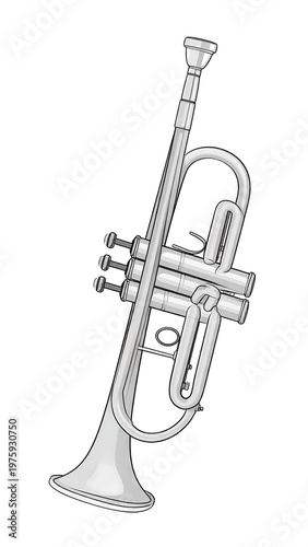 Monochrome illustration of a shiny musical instrument, trumpet, on white