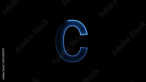 Glowing neon letter 'C' symbol, a shiny light font illustration on a black background English alphabet education type word writing letter text effect smooth footage sign symbol with black background