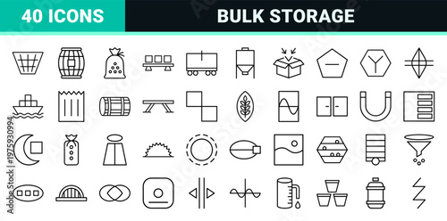 Minimalist outline icons for logistics warehousing bulk cargo storage and packaging.