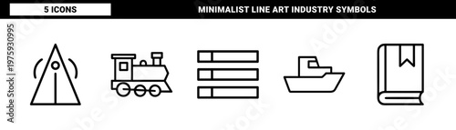 Minimalist industrial and business line icons for commercial sectors.