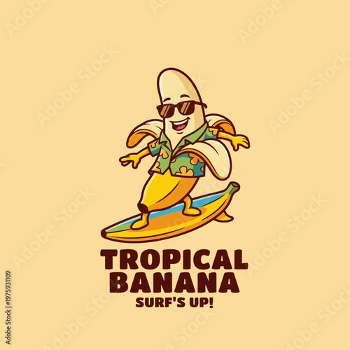This fun logo showcases a surfing banana character dressed in Hawaiian attire, embodying a vibrant, carefree lifestyle that appeals to beach lovers and surf enthusiasts alike.