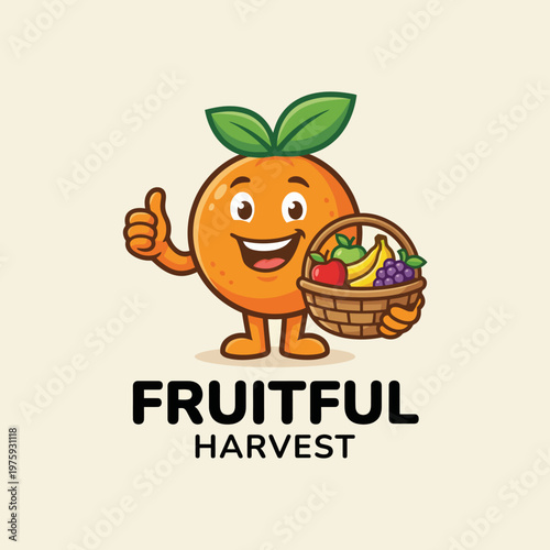 This lively logo features an orange character holding a basket of fruits, representing a fruitful harvest and conveying a message of health and freshness in food choices.