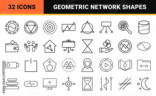 Minimalist outline crypto and blockchain finance geometric line art elements.