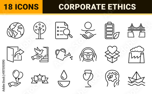 Corporate social responsibility and business ethics minimalist outline symbols.