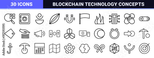 Cryptocurrency and blockchain outline icons, digital finance thin line set.