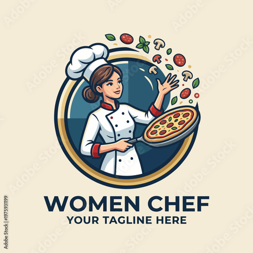 This vibrant illustration features a confident female chef skillfully tossing ingredients while preparing a delicious pizza, highlighting passion and creativity in culinary arts.