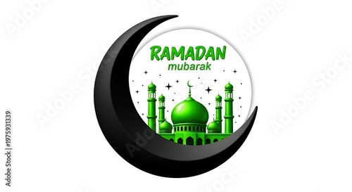 Ramadan mubarak sticker design with black crescent moon and green mosque illustration