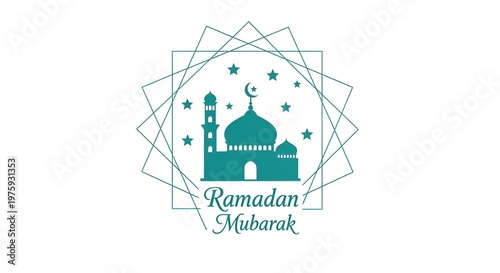Ramadan mubarak logo with green mosque dome and crescent moon inside geometric frame