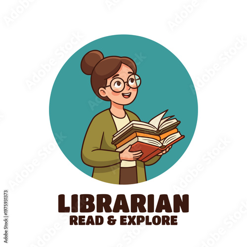 This illustration shows a friendly librarian character enthusiastically holding books, promoting reading and exploration in a warm and inviting manner.