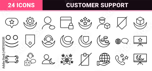 Minimalist outline customer service and technical support symbols in black line art.
