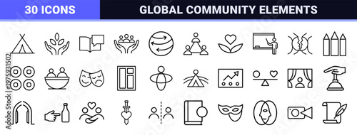 Minimalist outline culture and community vector icon set.
