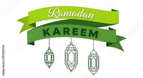 Ramadan kareem green banner design with white hanging lanterns and islamic floral patterns