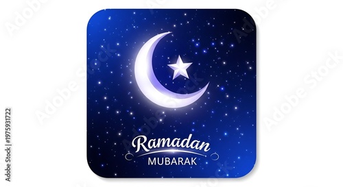 Ramadan mubarak square icon with glowing crescent moon and star in a night sky