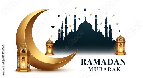Islamic greeting card with crescent moon mosque silhouette and golden lantern on white background