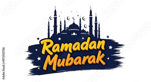Ramadan mubarak graphic with dark mosque skyline silhouette and bold yellow lettering