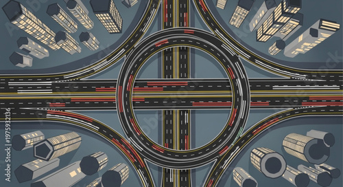 Aerial View of a Complex Highway Interchange at Night.