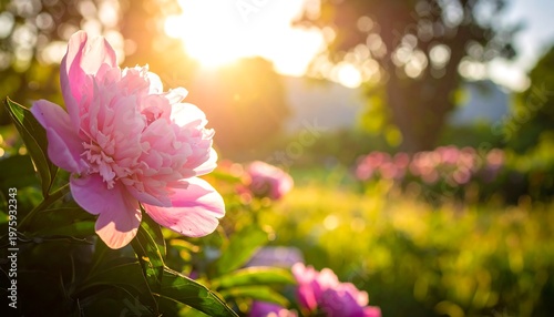 Soft focus image of a pink peony flower with sunlight in the background