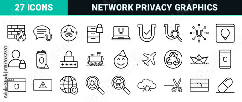 Cybersecurity and digital privacy minimalist line graphics.