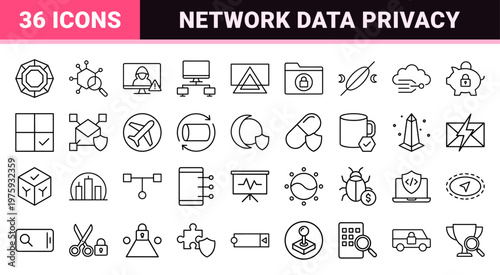 Minimalist Cyber Security Outline Icons with Shields and Nodes