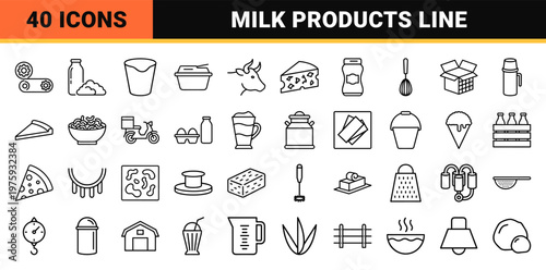 Minimalist outline dairy farming and milk products line art.