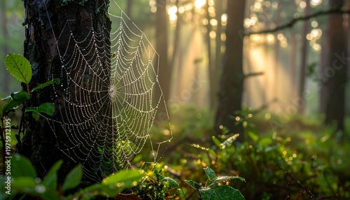 Dew-kissed spiderweb in a forest glows in morning light with soft sunbeams filtering through trees