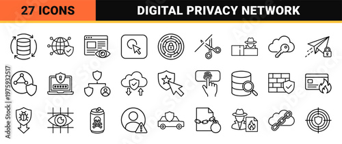 Hand drawn minimalist cybersecurity data protection and privacy network icons.