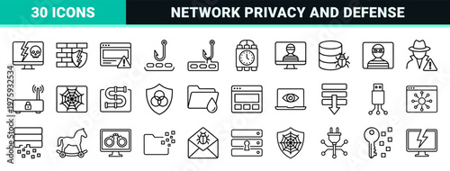 Minimalist cyber security and malware attack line icon set