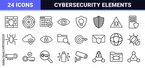 Cybersecurity and data protection minimalist line art elements.