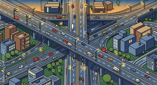 Aerial View of a Complex Highway Interchange at Night.