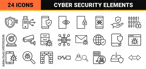 Cyber security minimalist line outline set with padlocks and shields