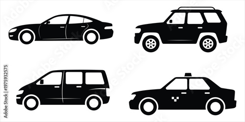 Four black silhouette vehicles including a sedan SUV minivan and taxi on white Keywords: car, vehicle, transportation