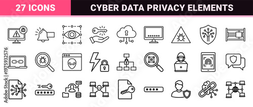 Cyber security outline icon set with shields and padlocks.