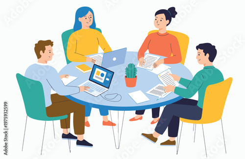 Four diverse individuals seated around a circular table with papers, notebooks, and a laptop, vector illustration symbolizing teamwork, collaboration, planning, and professional or educational group 