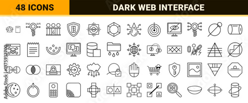 Cybersecurity and darknet minimal outline icon set.