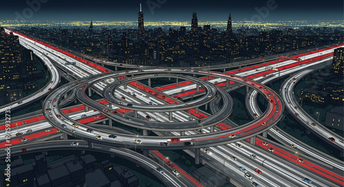Aerial View of a Complex Highway Interchange at Night.