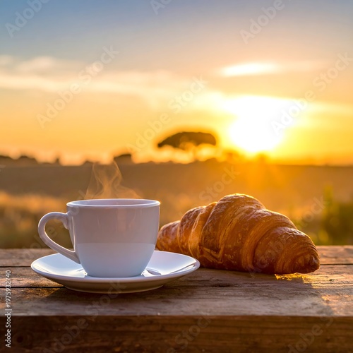 Steaming coffee cup, croissant on table during a sunrise