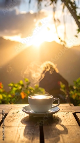 Steaming coffee cup on wooden table with backdrop of scenic sunrise