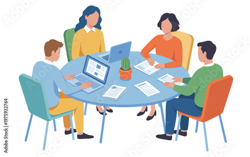 Four-person team at circular table with notebooks, papers, and laptop, flat vector illustration for collaboration, group planning, professional meetings, and educational discussion concepts.