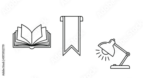 Minimalist education line icons set, academic research and global study vector elements, open book with magnifying glass and writing tools