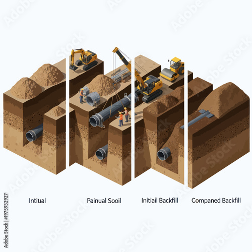 Construction process of underground pipeline installation and backfill.