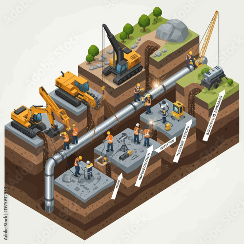 Construction workers and heavy machinery installing a large pipeline underground.