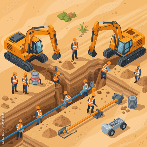 Photos Construction workers and excavators installing underground pipeline system